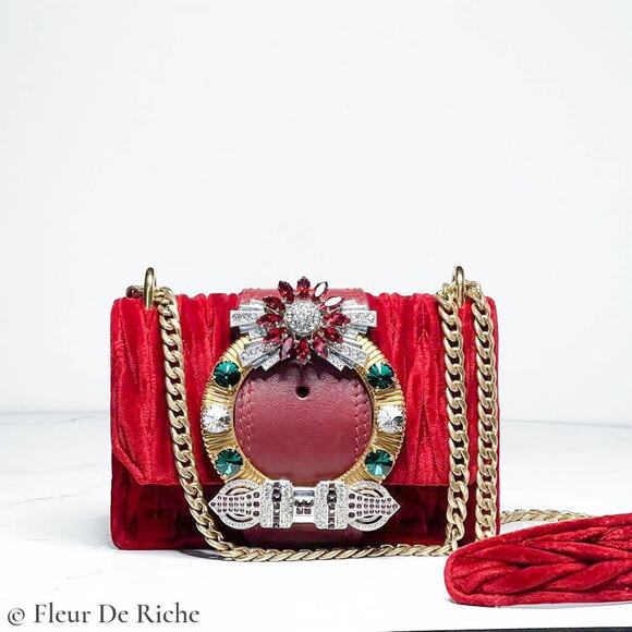 Miu Miu Handbags - Miu Miu Crystal Embellished Matelassé Velvet Shoulder Bag Red